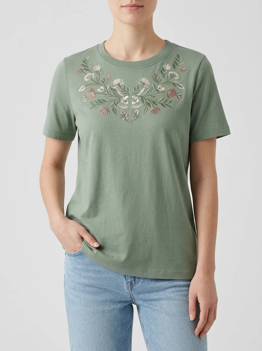 Casual Style Floral Print Embroidered Detail Women's Short Sleeve Casual Top