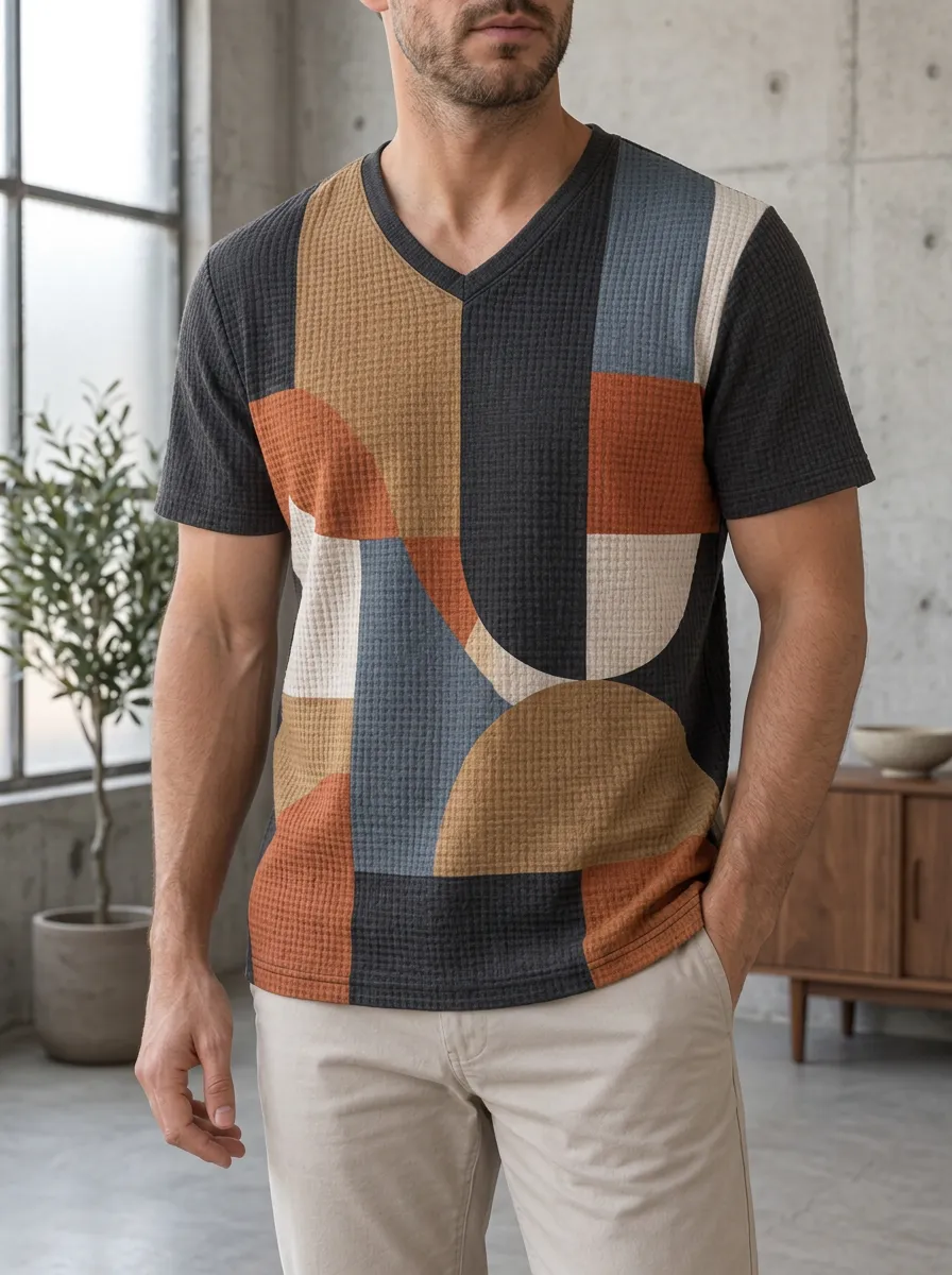 Men's Expressive Geometric Abstract Pattern Waffle Knit V-Neck T-Shirt