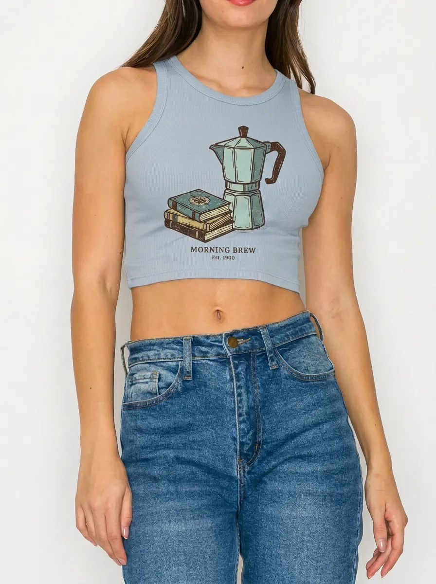 Women's Coffee Book Lover Morning Brew Printed Crop Top