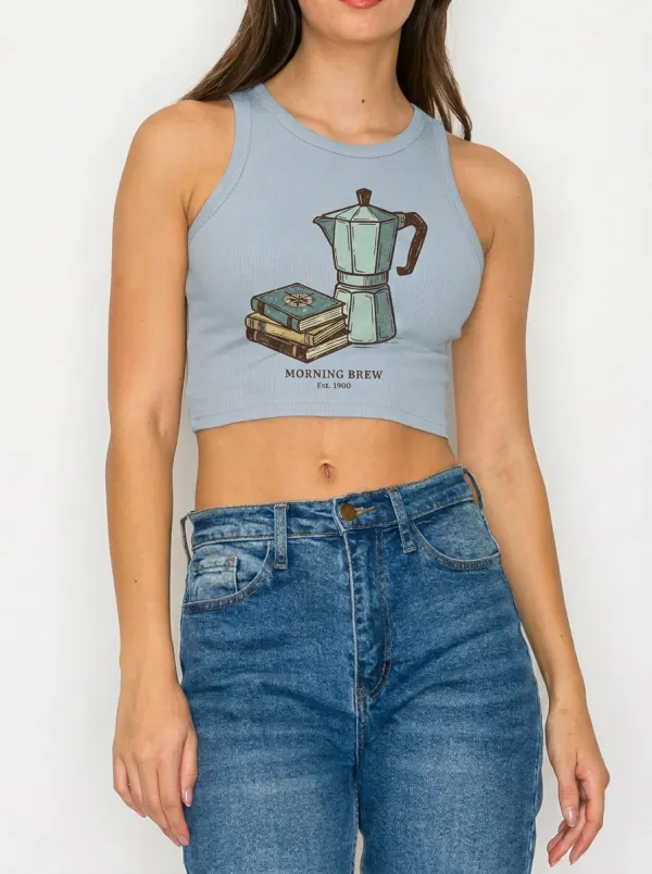 Women's Coffee Book Lover Morning Brew Printed Crop Top