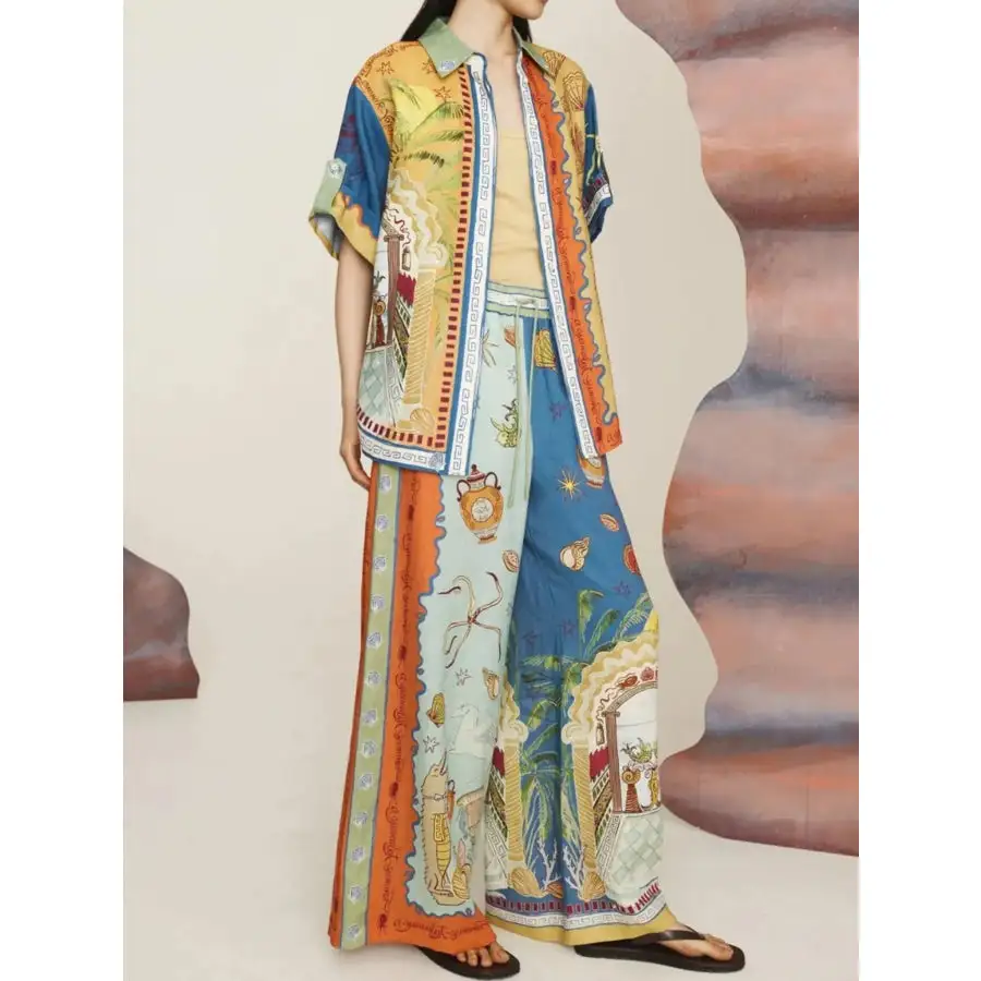 Relaxed Printed Button Up Shirt and Pants Set