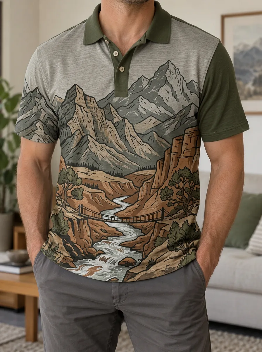 Men's Nature Lover Mountain River Bridge Printed Polo Shirt
