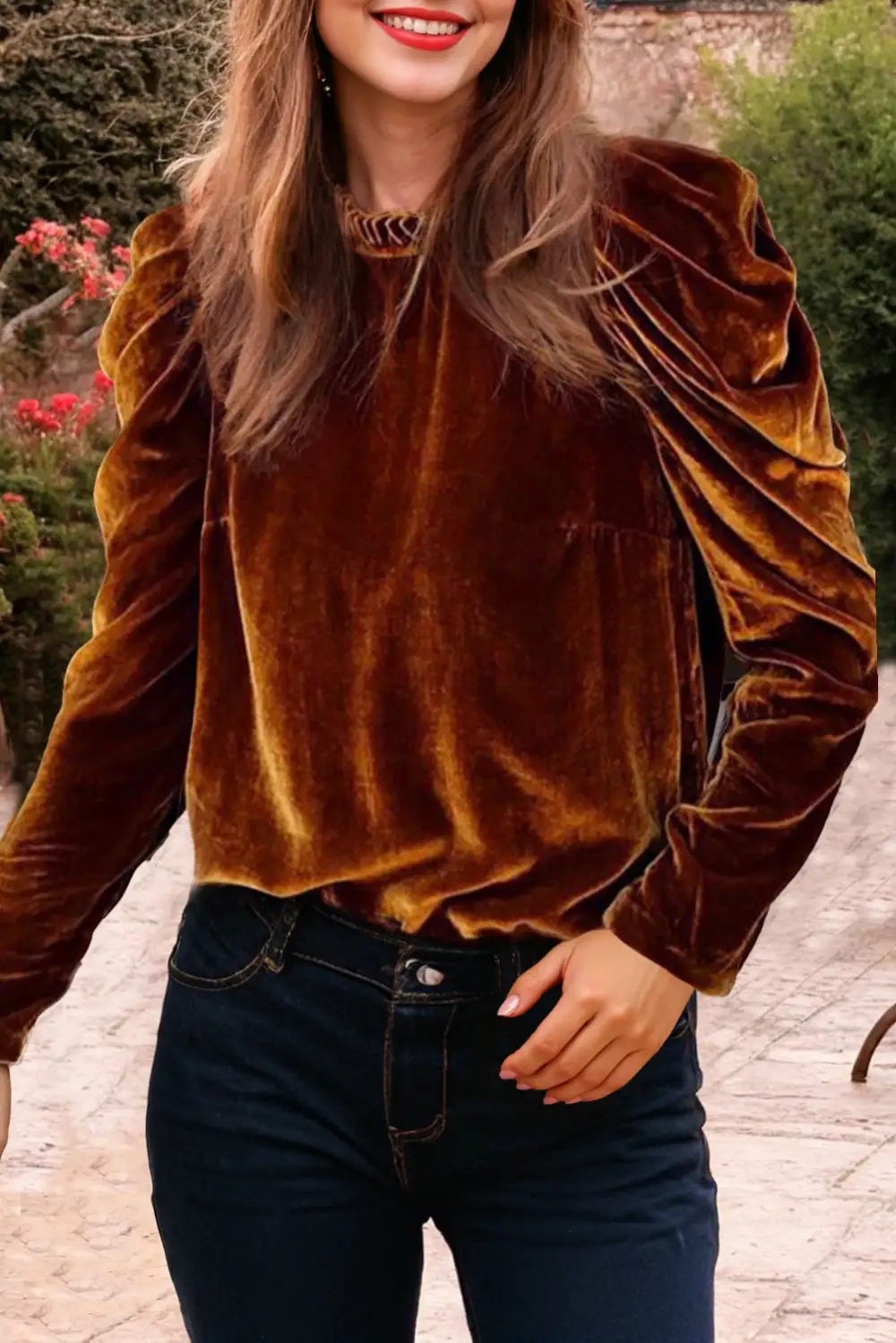 Women's Velvet Collared Puff Sleeve Top