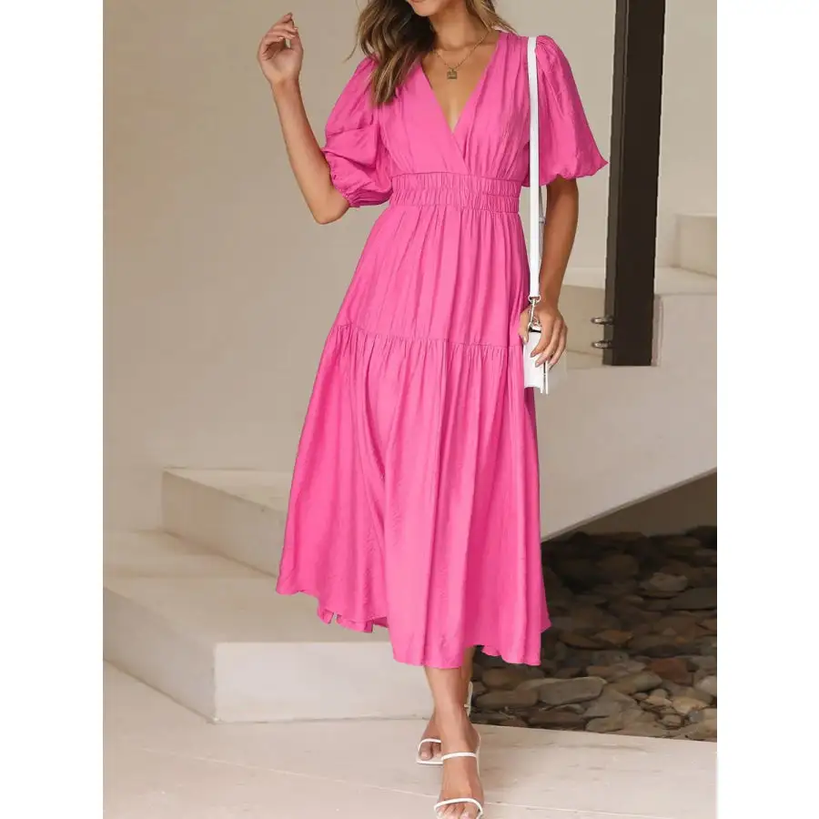 Neck V-Neck Puff Sleeve Midi Dress