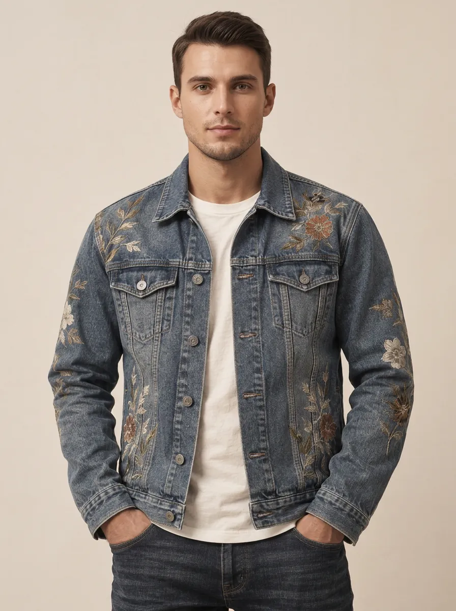 Men's Graphic Motif Floral Vintage Inspired Denim Jacket