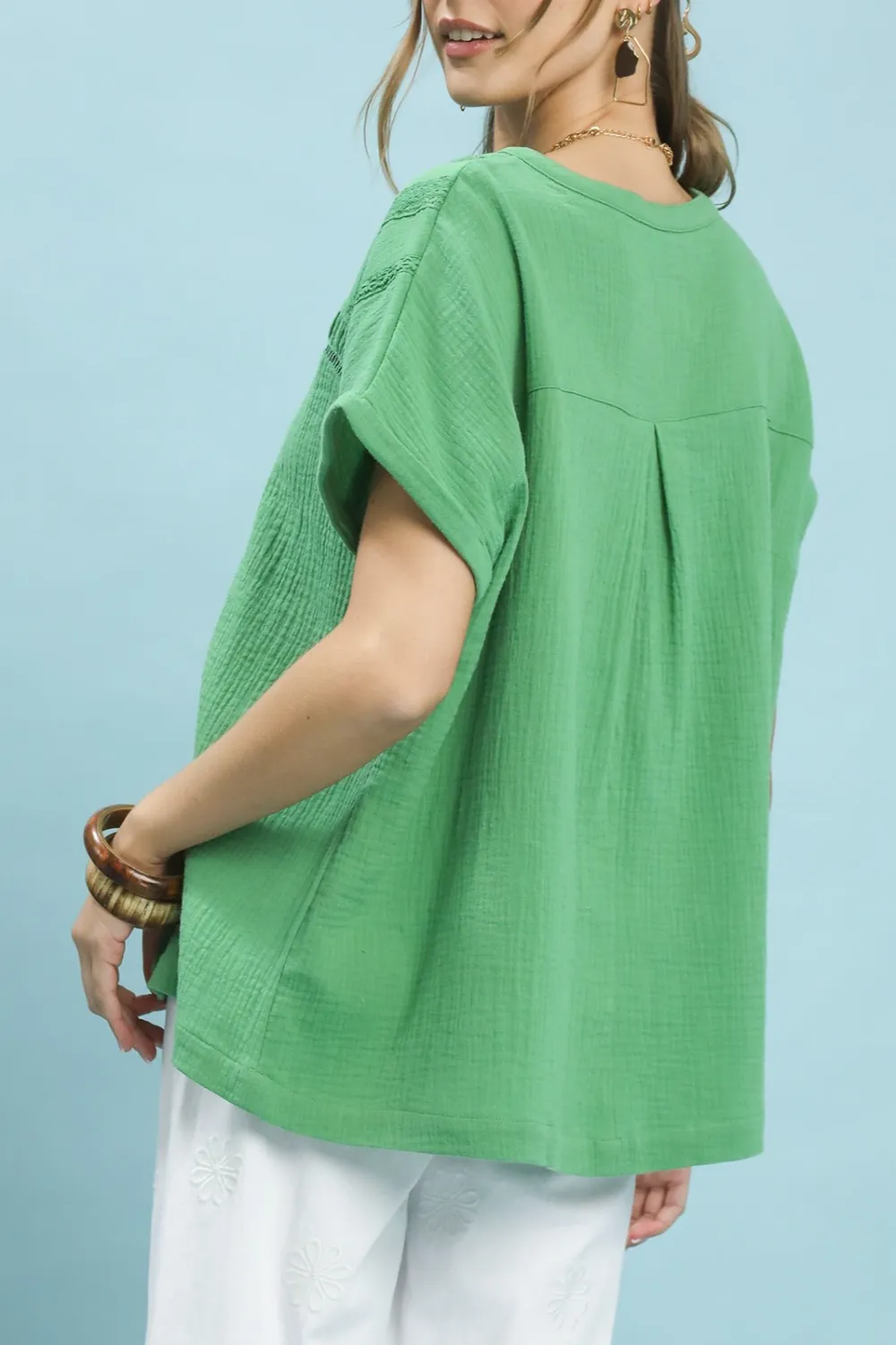 Textured Gauze Embroidered Buttoned Split-Neck Boho Blouse