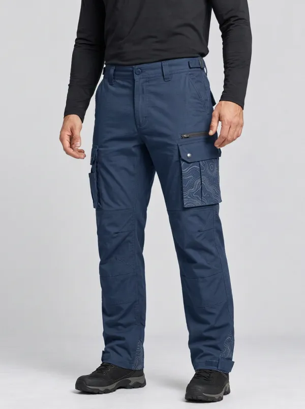 Men's Charcoal Grey Topographic Multi-Pocket Reinforced Knee Adjustable Hem Straight-Leg Tactical Cargo Pants