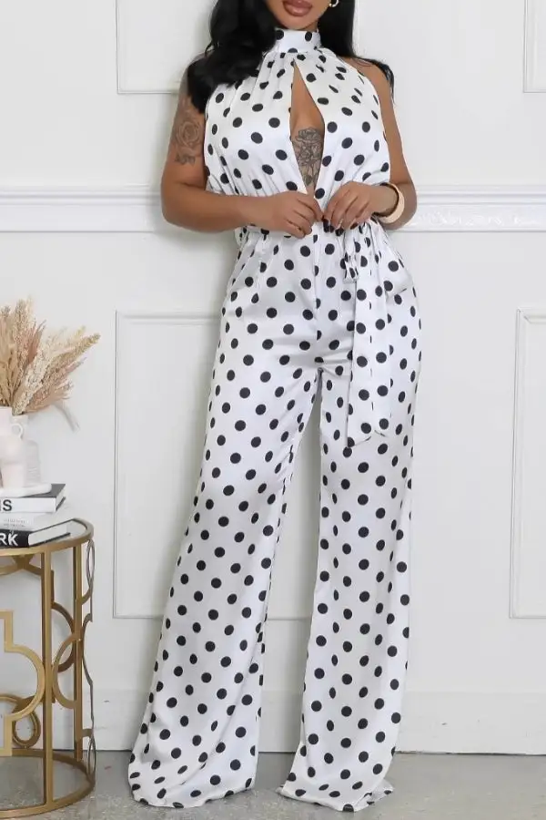 Polka Dot Cutout Halter Lace-Up Jumpsuit