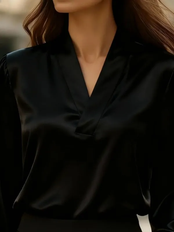 V-Neck Long Sleeve Satin Blouse
