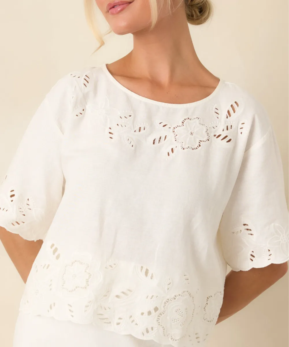 Short-Sleeve Embroidered Floral Linen-Blend Top