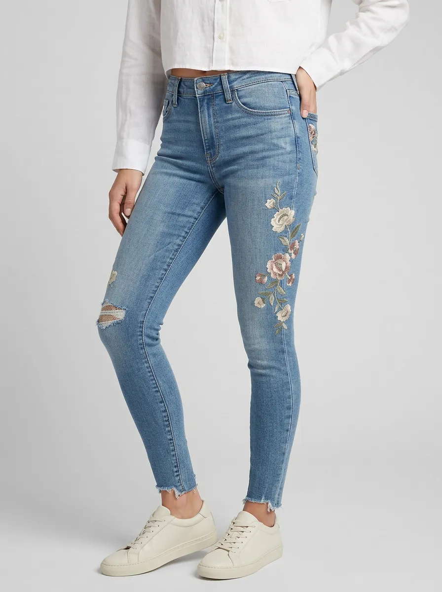 Women's Venture Floral Embroidery Distressed Printed Slim Jeans
