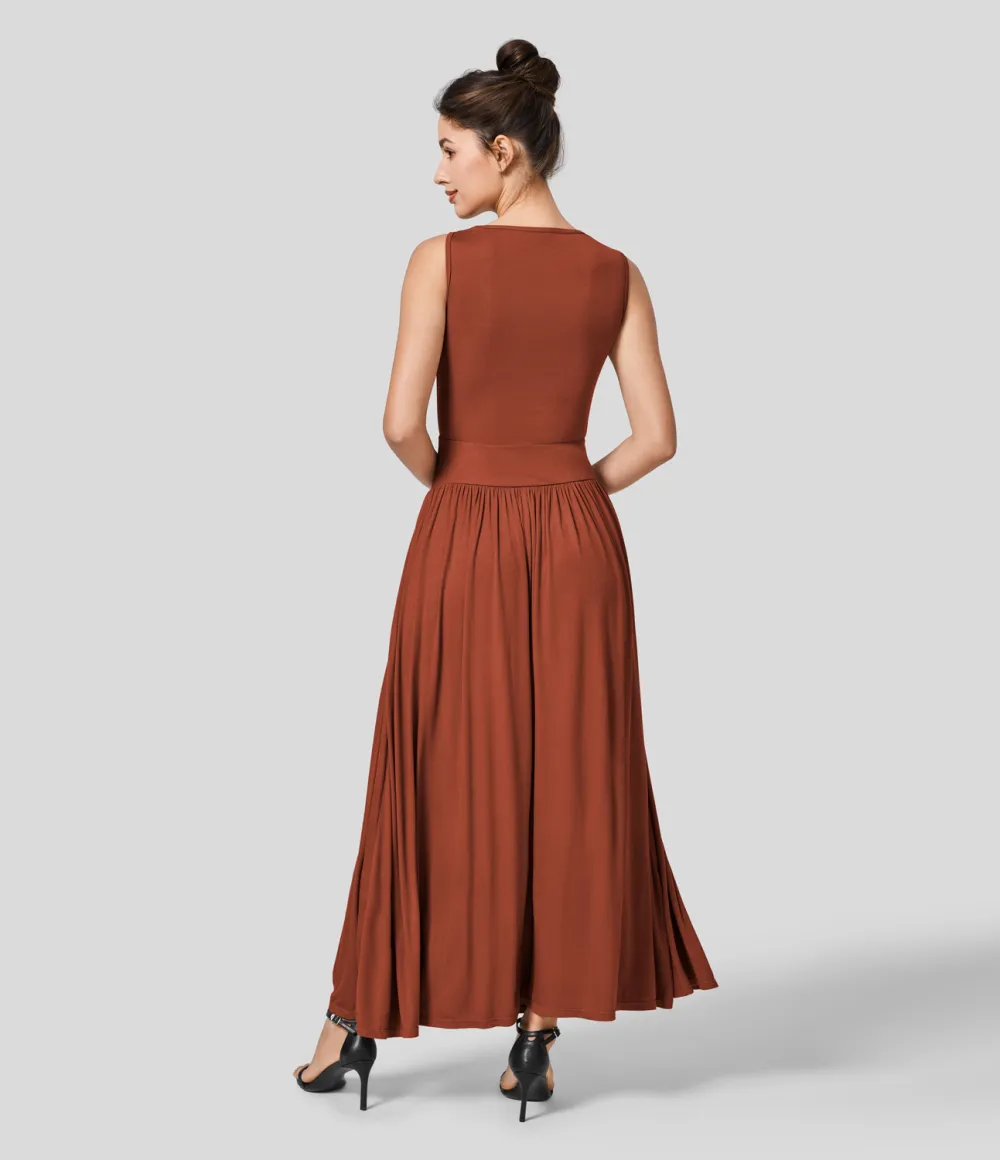 Ribbed Boat Neck Ruched Side Pocket Flowy Maxi Casual Dress