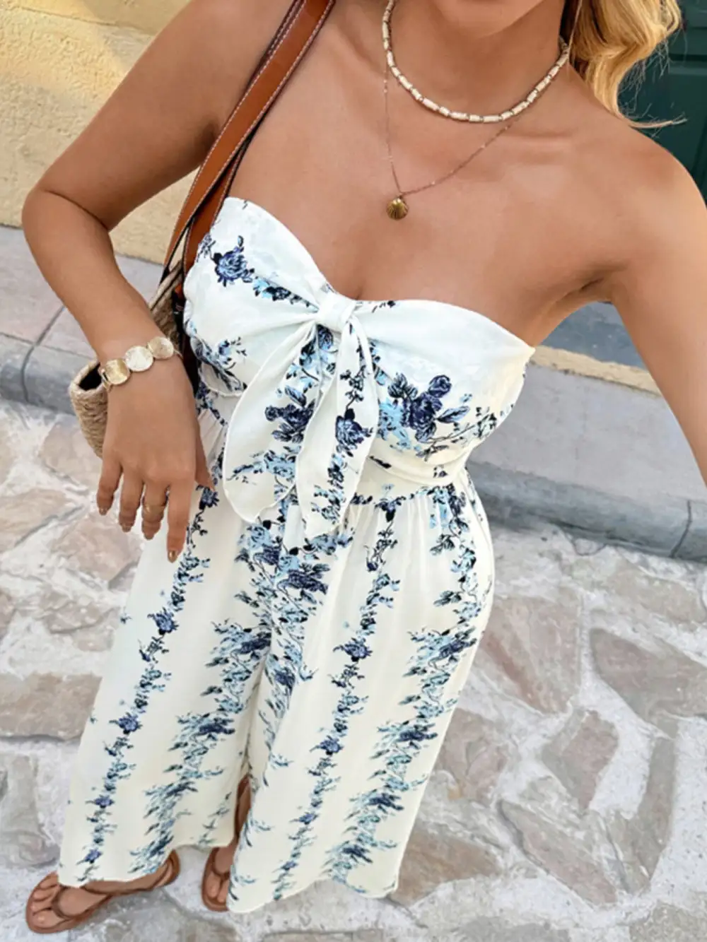 Tie Front Strapless Wide Leg Jumpsuit