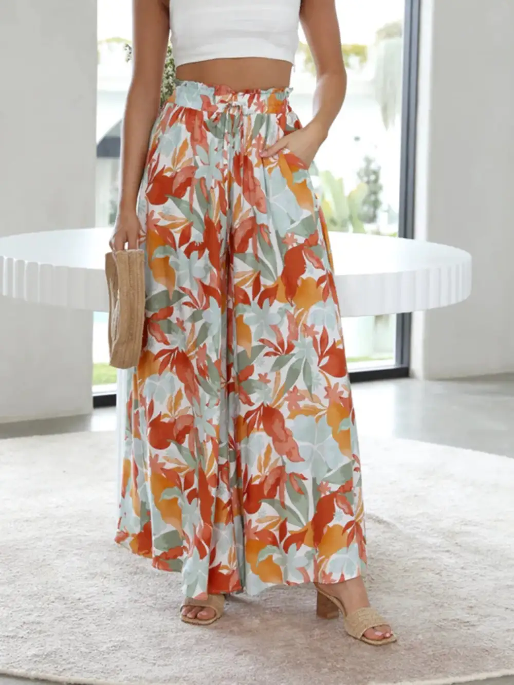 Printed Wide Leg Detail Pants