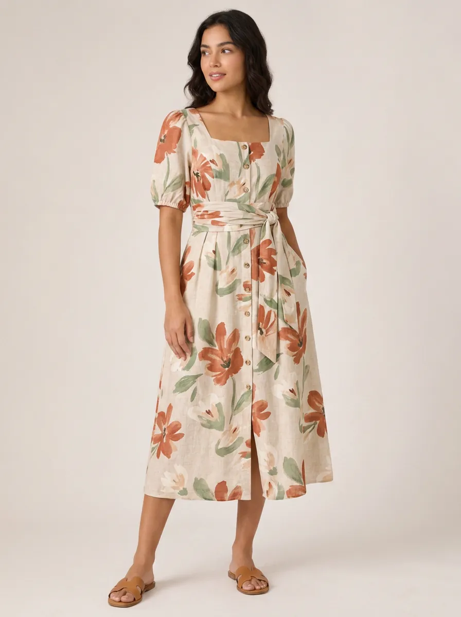 Women's Floral Lover Watercolor Flower Printed Midi Dress