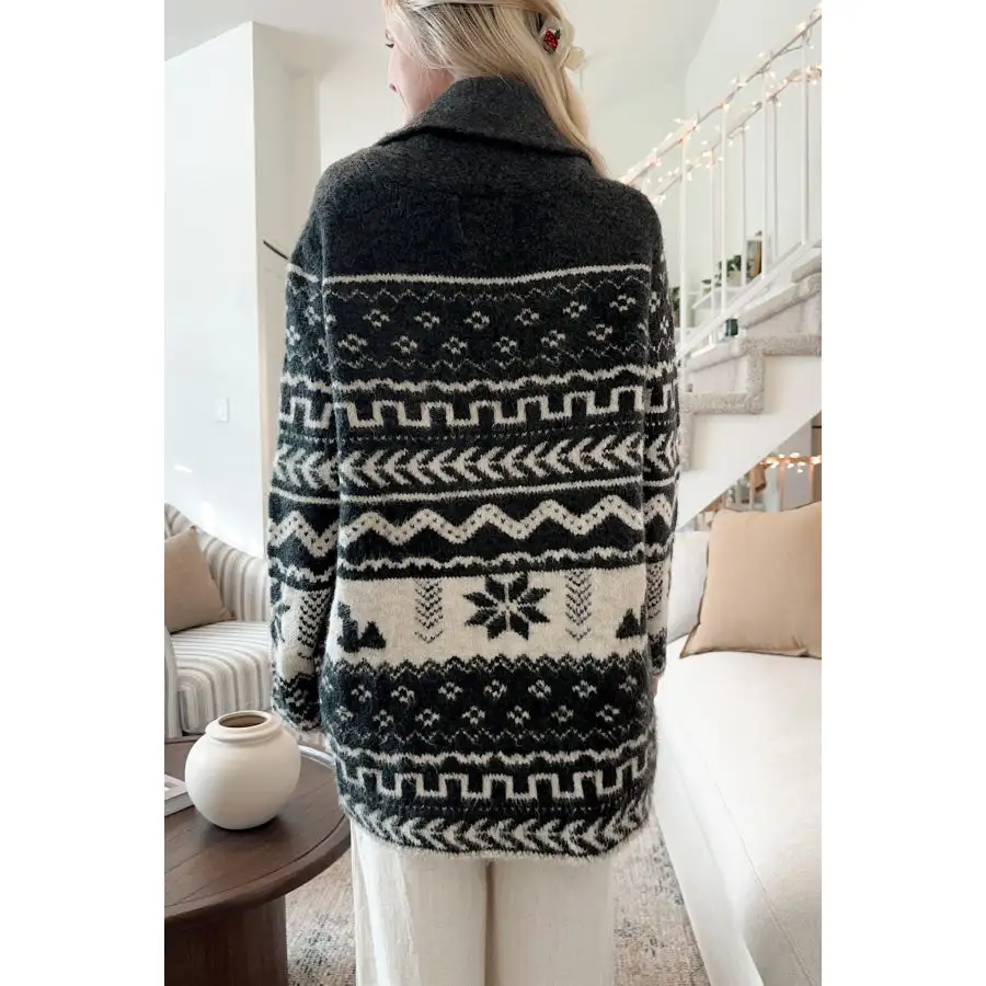 Snowflakes Collared Neck Long Sleeve Cardigan