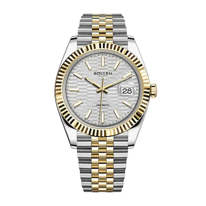 Sollen 9062 Automatic Watch - Men's Classic 36mm Fluted Bezel Cyclops Date 5-Bead Steel Bracelet Wristwatch