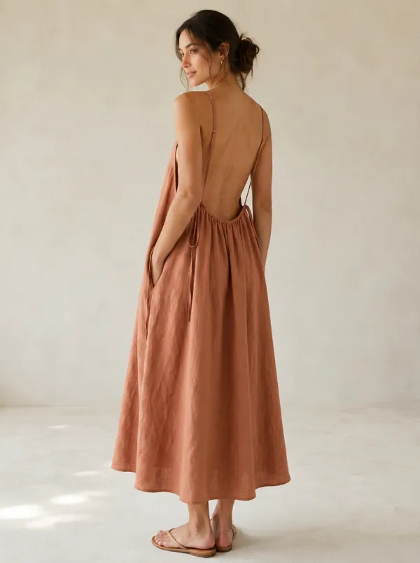 Women's Casual Linen Midi Backless Dress