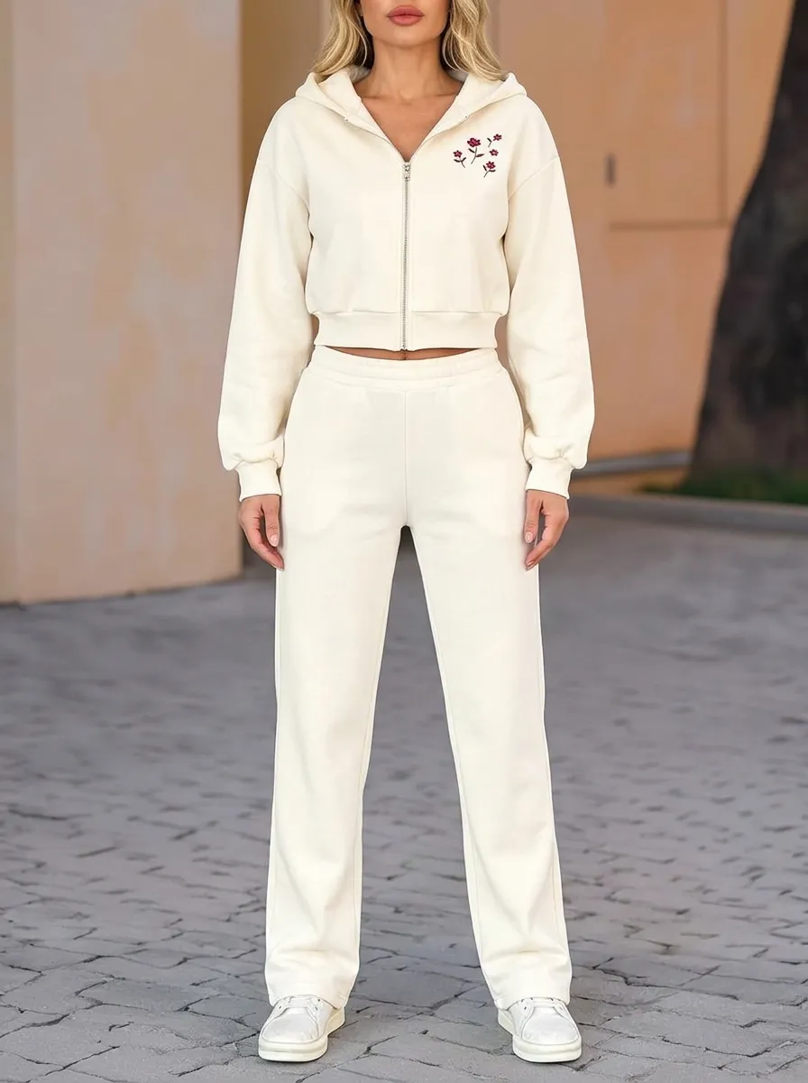 Women's Floral Zip-Up Hoodie & Straight-Leg Pants Set