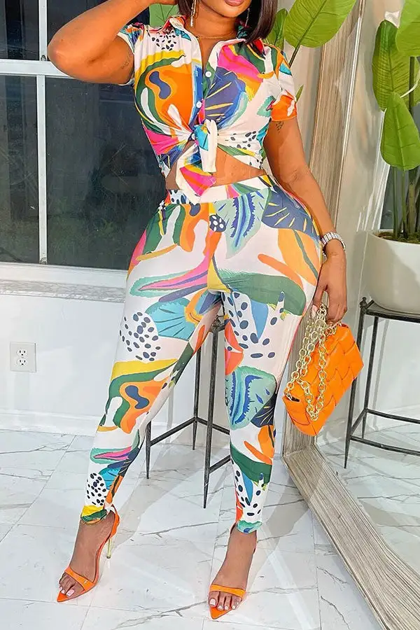 Leaf Print Collared Short Sleeve Pant Set