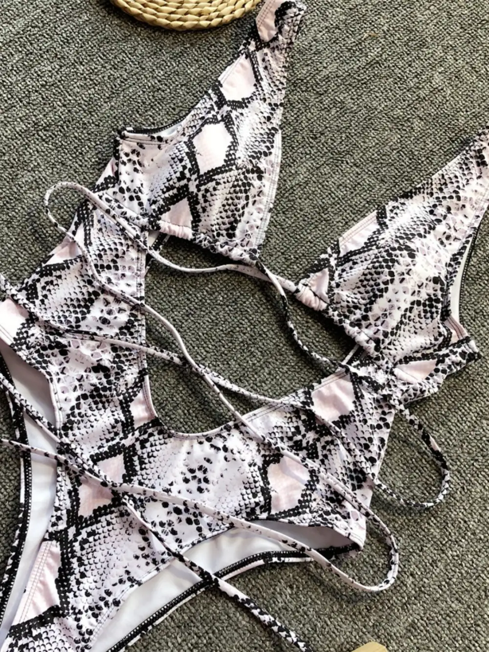 Lace Up Backless Plunge One Piece Swimsuit