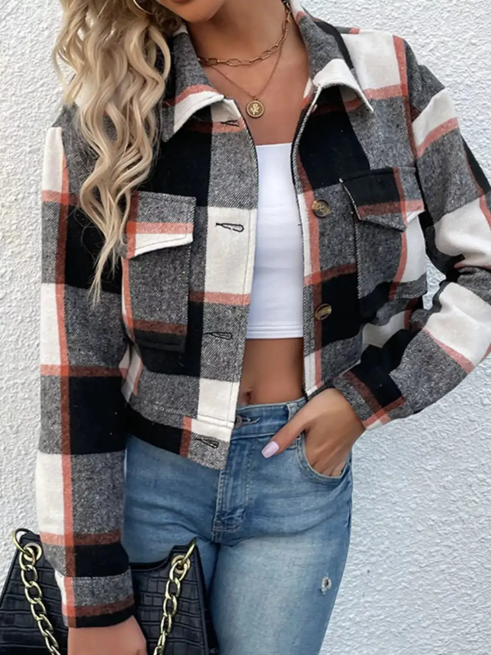 Plaid Button-down Crop Jacket