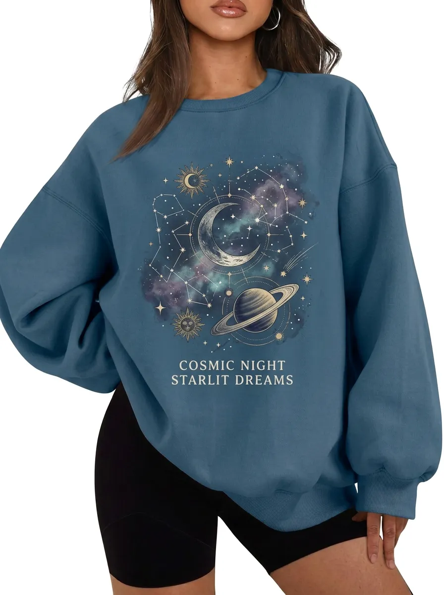 Women's Celestial Space Lover Moon Planet Printed T-shirt