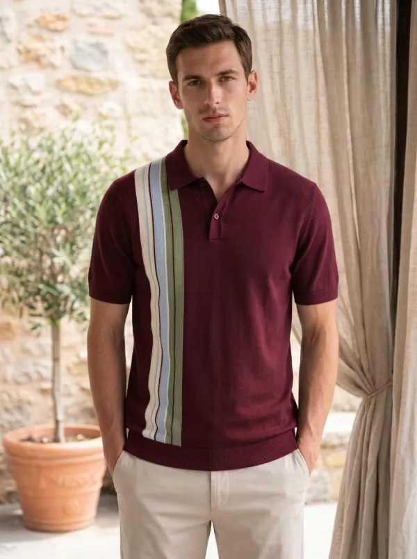 Men's Vintage Style Vertical Stripe Pattern Printed Polo Shirt
