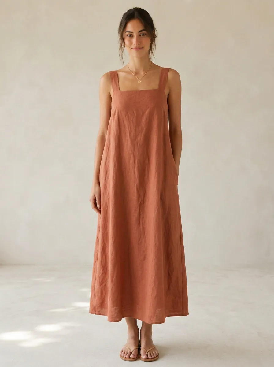 Women's Unstructured Casual Linen Maxi Backless Dress