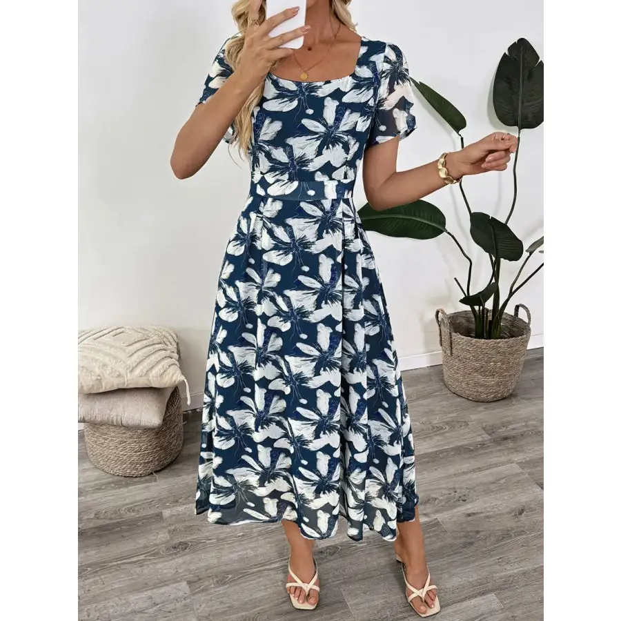 Printed Square Neck Midi Dress