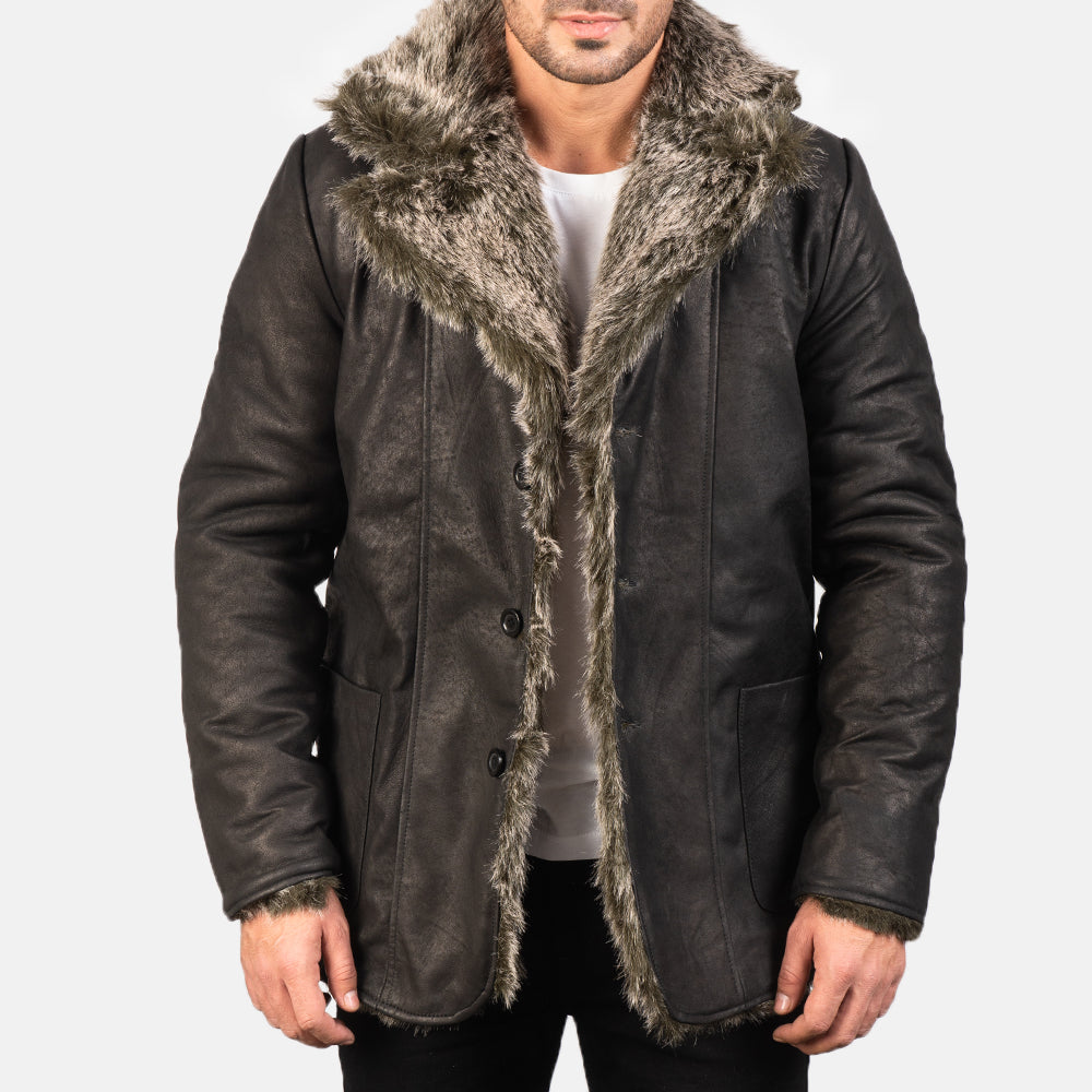 Men's Rugged Leather Fur Trim Coat