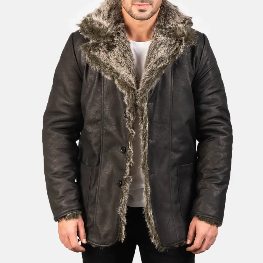 Men's Rugged Leather Fur Trim Coat