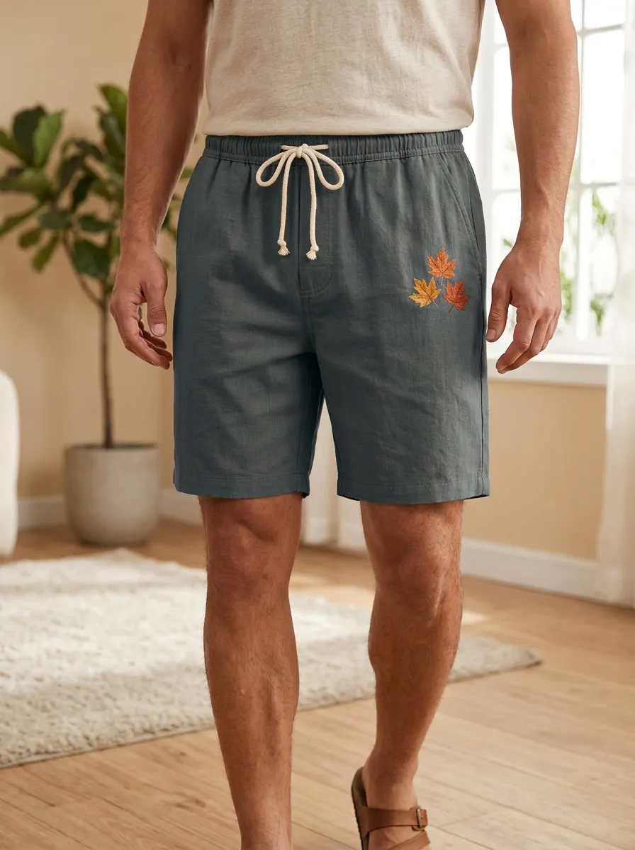 Embroidered Leaf Detail Drawstring Embroidered Shorts