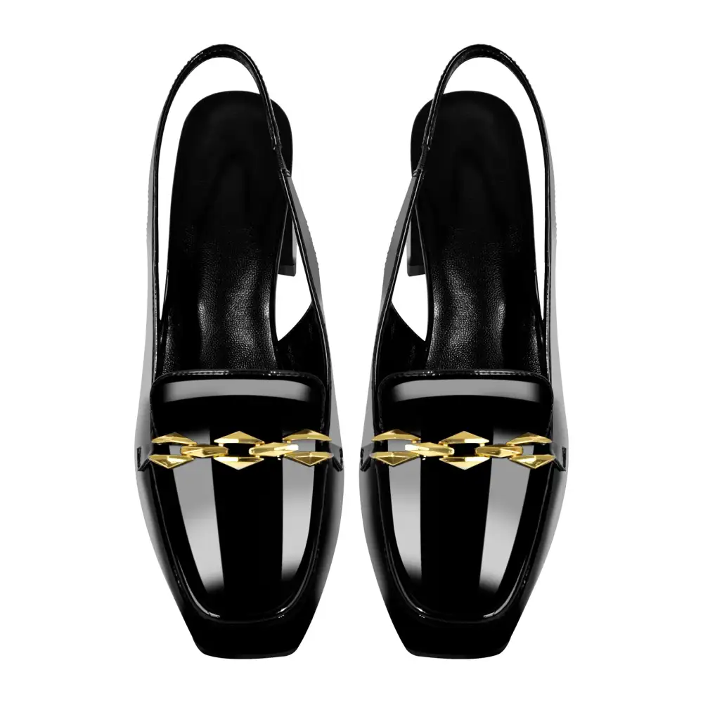 Patent Finish Square Toe Chunky Heel Slingback Pumps