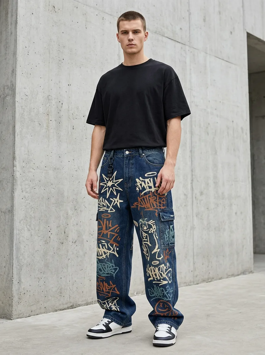 Unisex Urban Streetwear Graffiti Cargo Jeans