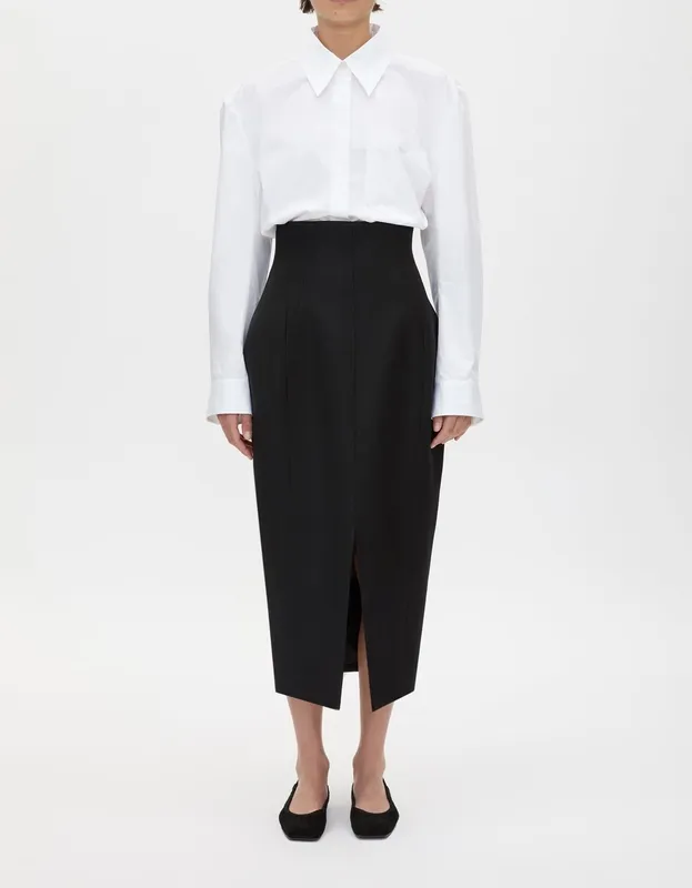Black Corset Waist Midi Skirt