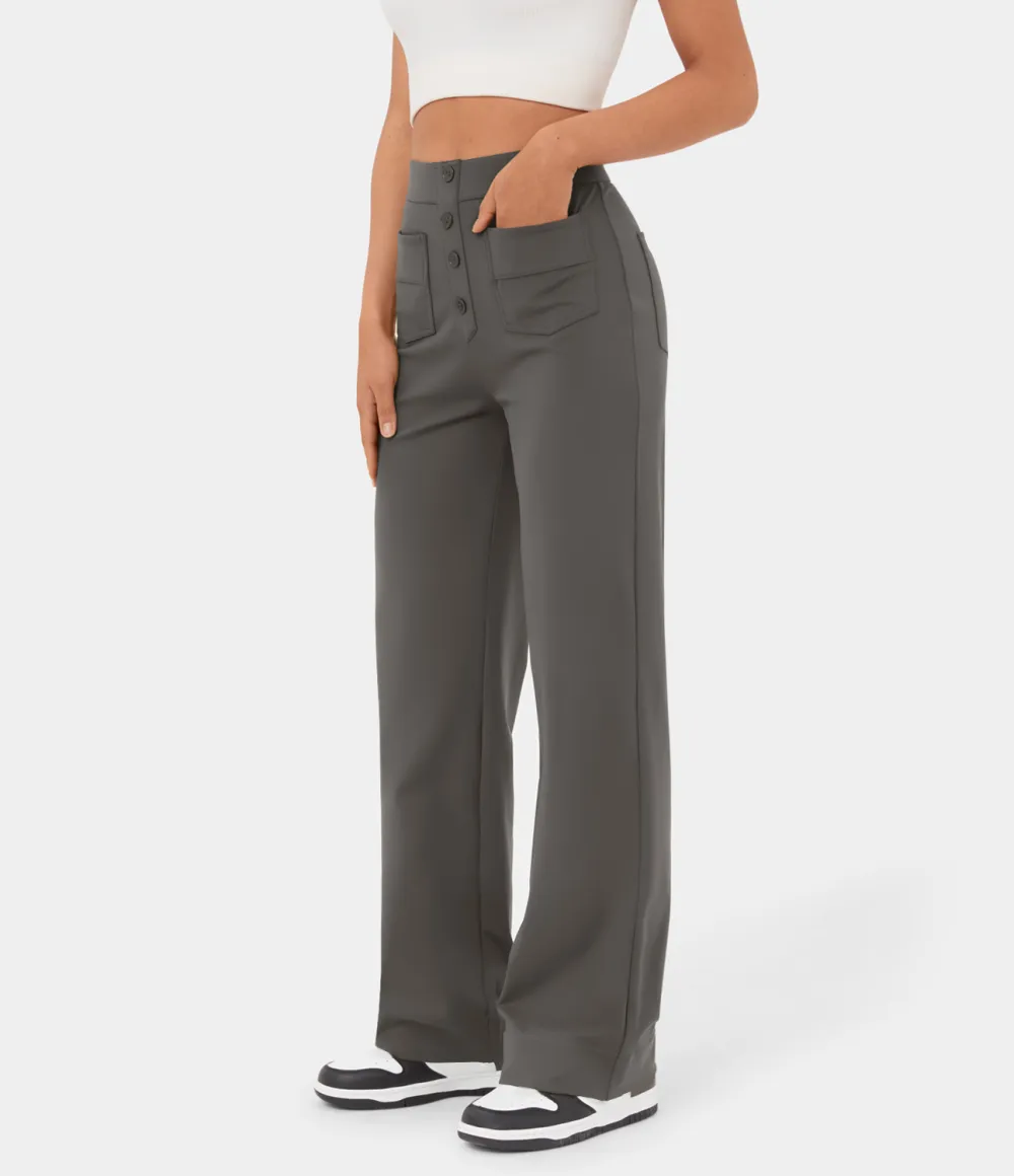 High Waisted Button Multiple Pockets Straight Leg Casual Pants