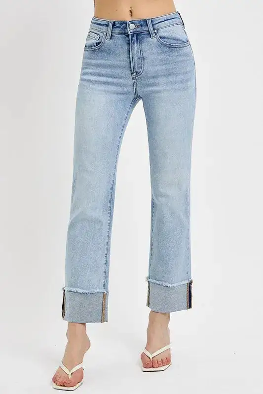 High Waist Straight Leg Cuffed Denim Jeans