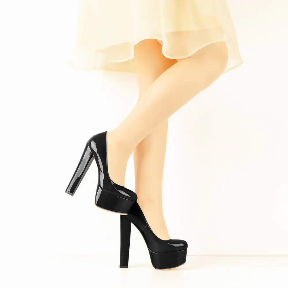 Modern Patent Finish Round Toe Platform Chunky Heel Pumps
