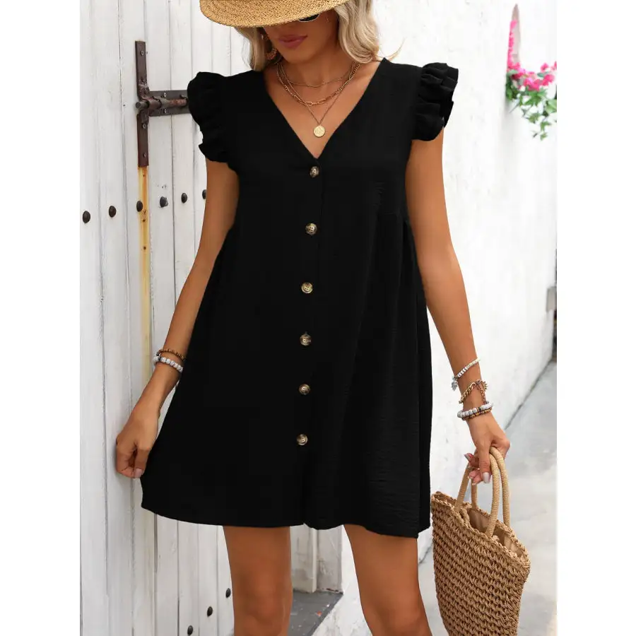 Button Up V-Neck Cap Sleeve Mini Dress