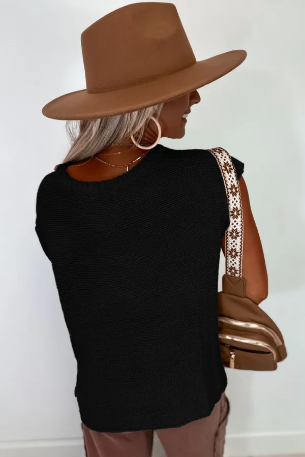 Black Sweater Side Slits Tee