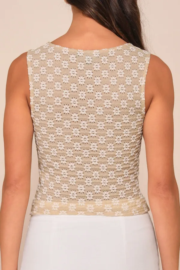 Casual Style Beige and Ivory Floral Textured Tank Top
