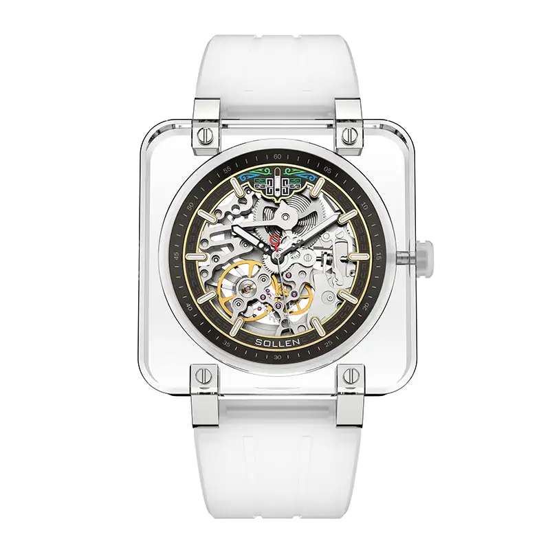 Sollen SL325 Men's Square Skeleton Automatic Mechanical Watch - 42mm Transparent K9 Crystal Case Open Heart Luminous Dial Liquid Silicone Strap Wristwatch