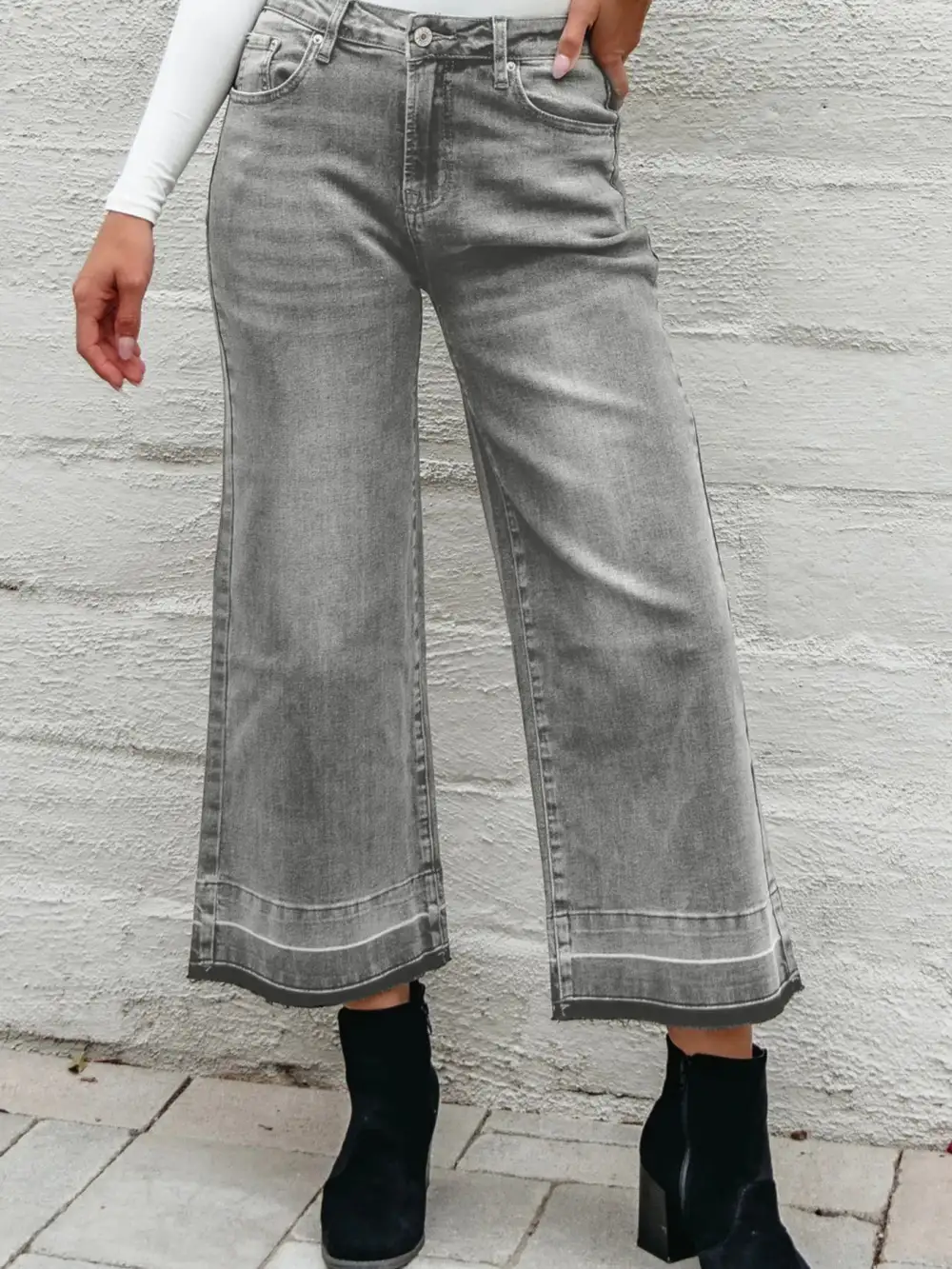Versatile High Waist Wide Leg Washed Denim Jeans