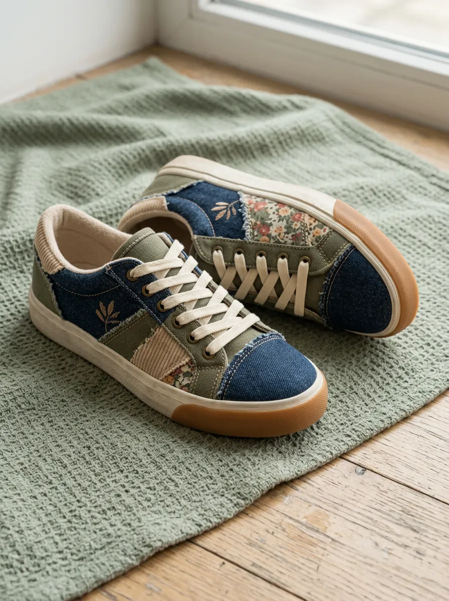 Women's Floral Denim Patchwork Corduroy Printed Sneakers