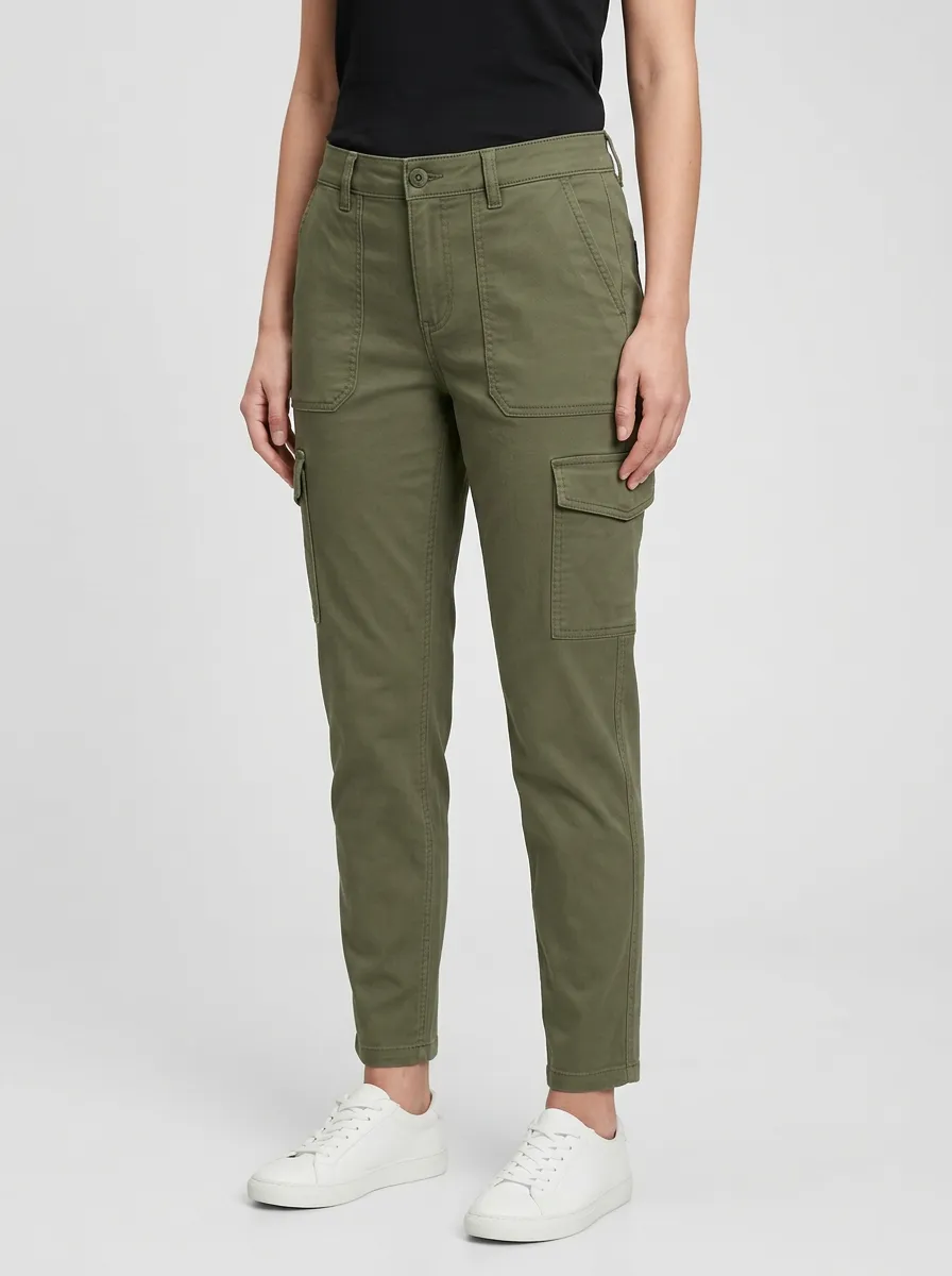Women's Mid-Rise Flap-Pocket Patch-Pocket Tapered Cargo Pants