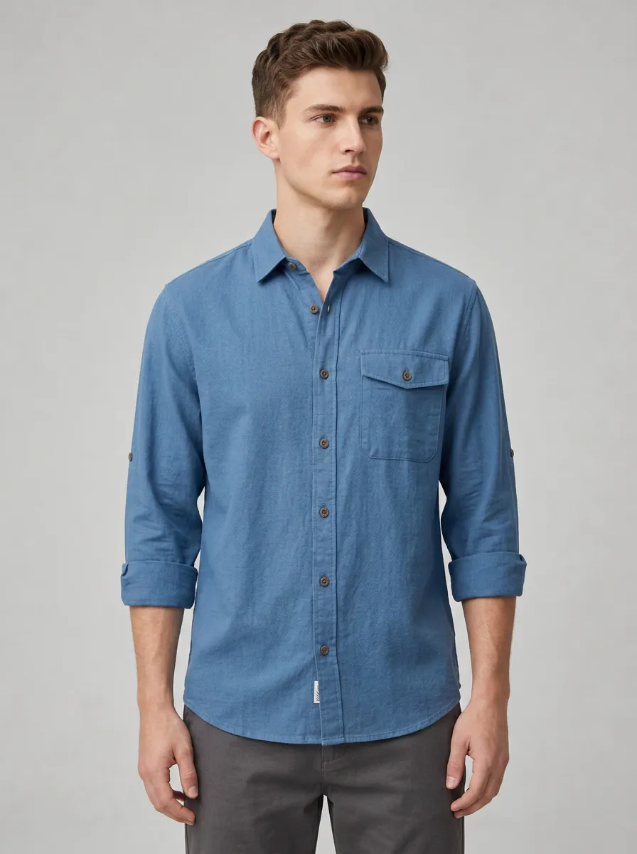 Men's Casual Breathable Blue Solid Cotton Linen Shirt