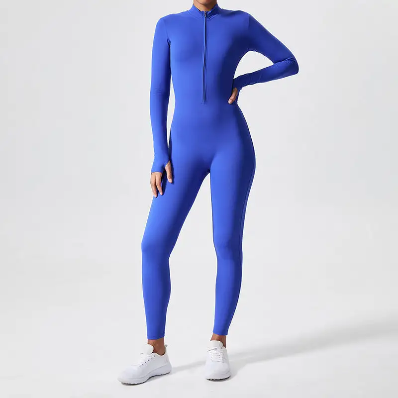 Athletic Zipper-Front Long-Sleeve Workout Jumpsuit