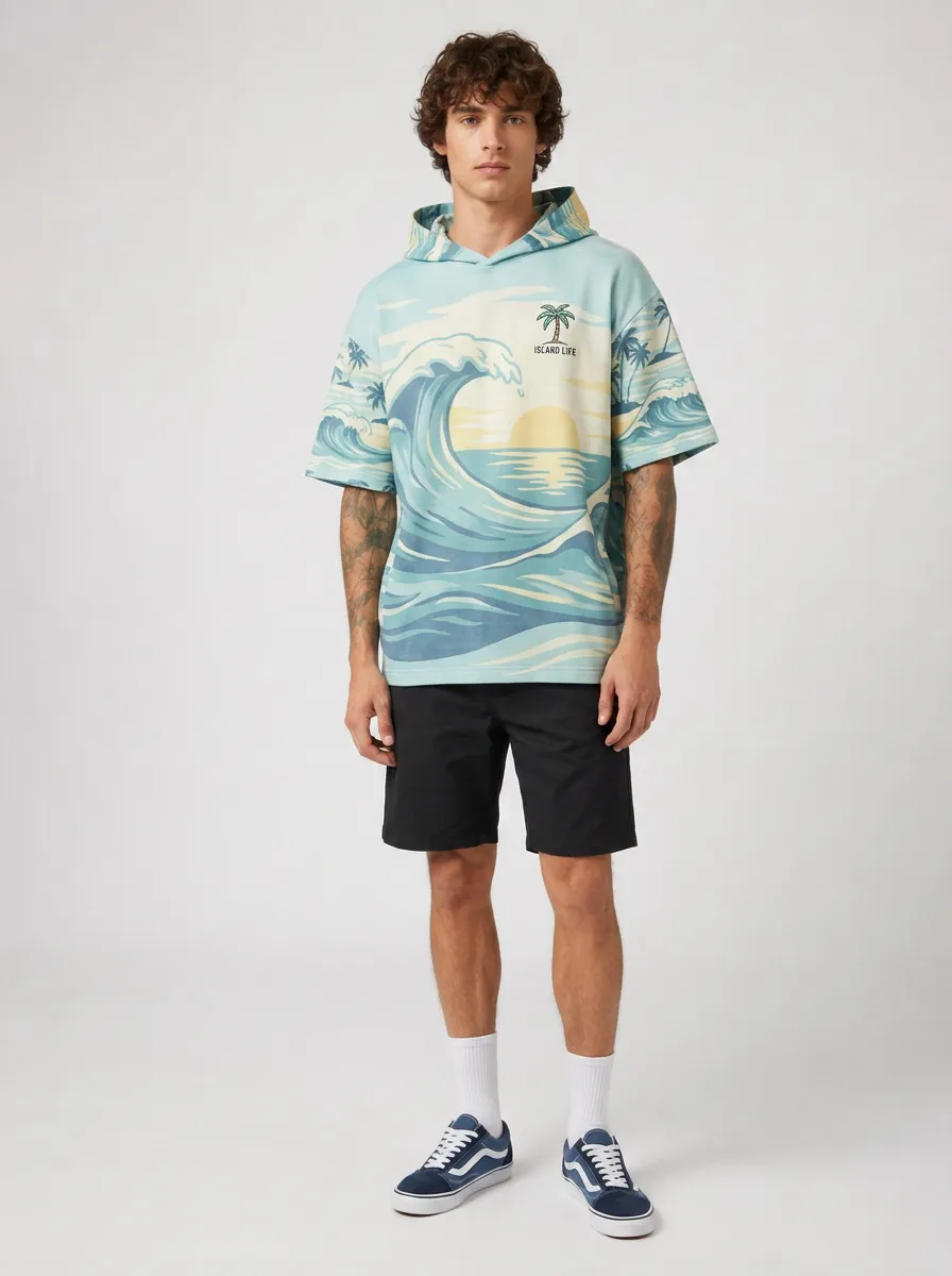 Men's Beach Surfer Ocean Wave Palm Tree Printed Hoodie T-shirt