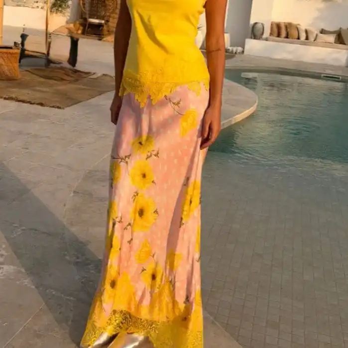 Floral Lace Trim Midi Skirt